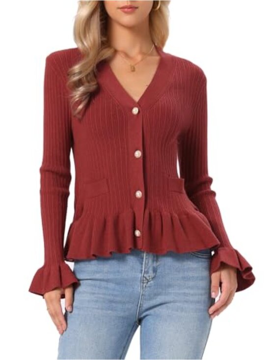 Sweaters - V Neck Ruffle Hem Long Sleeve Cardigan Sweater Pearl Buttons